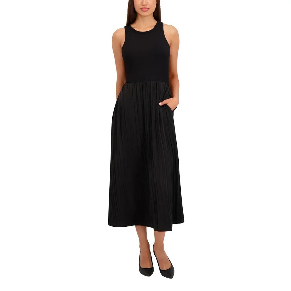 DKNY Womens Black Pleated Sleeveless Maxi Dress with Pockets Size L